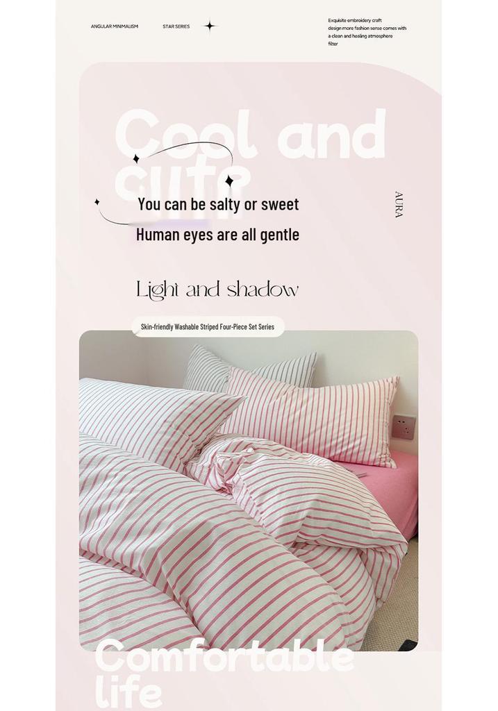 Pure Cotton Four-Piece Bedding Set: Striped Duvet Cover, Bed Sheet for Dorms, A-Class Washed Cotton, Perfect for All Seasons.