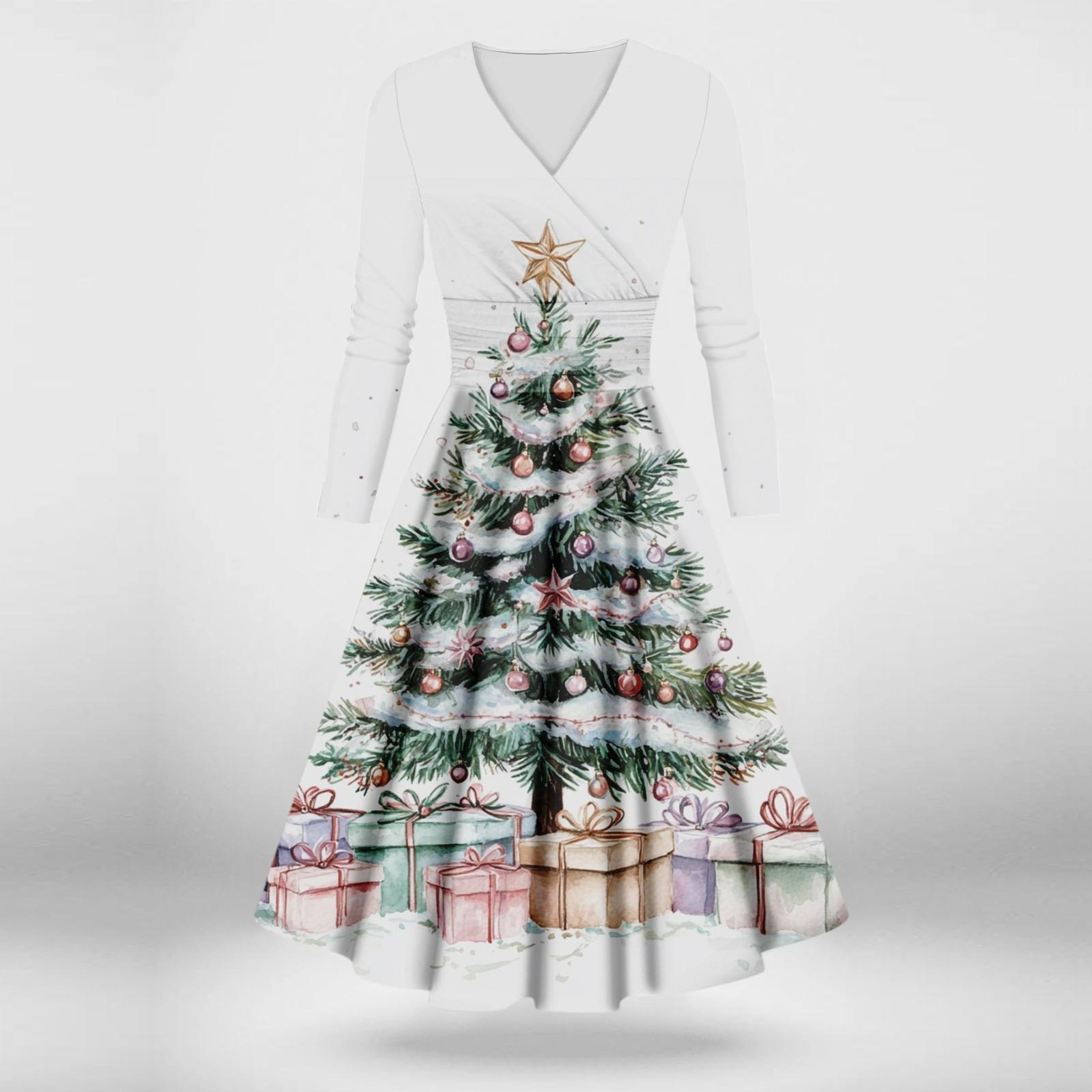 

Женское повседневное и модное сексуальное платье с v-образным вырезом и длинными рукавами с рождественским принтом M белый