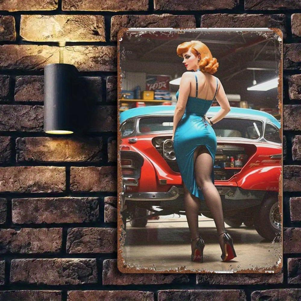Vintage Metal Tin Sign Retro Pinup Girl Red Car Heavy Iron Garage Wall Decor X Inch Easy Hanging Home Art for Man Cave