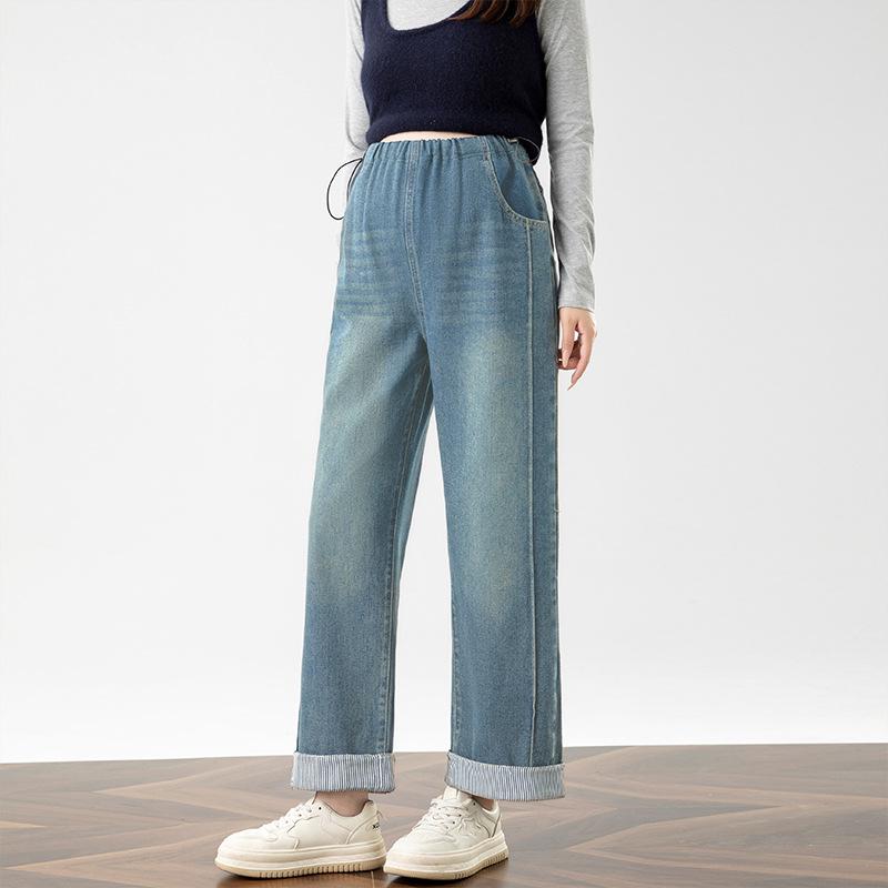 Maternity Cropped Jeans - Drawstring, Straight-Leg, Loose Fit, Rolled Hem for Spring & Summer. L