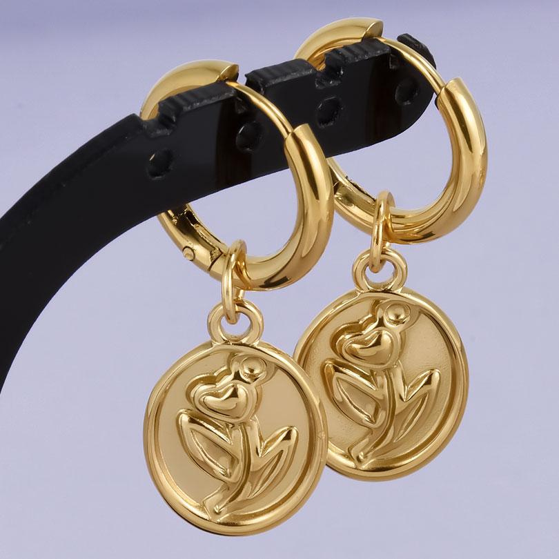 Real Gold Plated Fashion Kpop Piercing Jewelry Girl Bowknot Flower Heart Pendant Earring Stainless Steel Hoop Earrings For Women