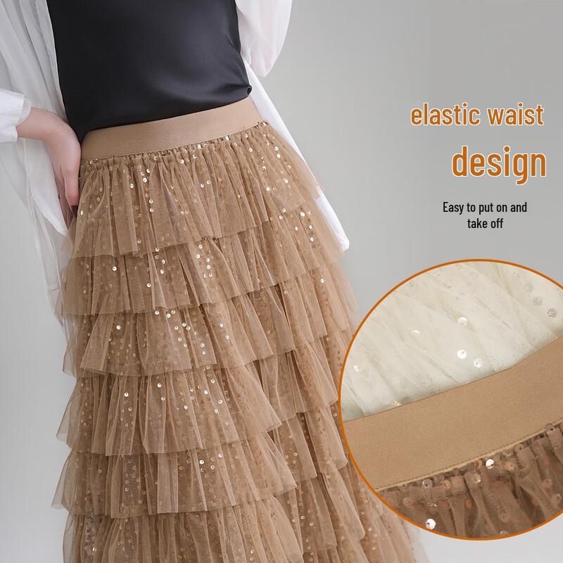 Süßer mehrlagiger A-Linien-Maxirock aus Netz mit Pailletten