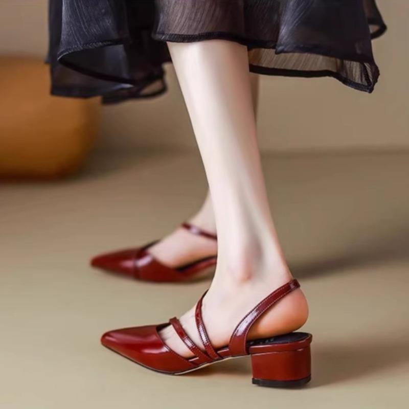 Fashion Baotou Sandals Women's Summer Pointed Toe Shallow Fork with Back Empty Slip Strap Non-slip Low-heeled Shoes