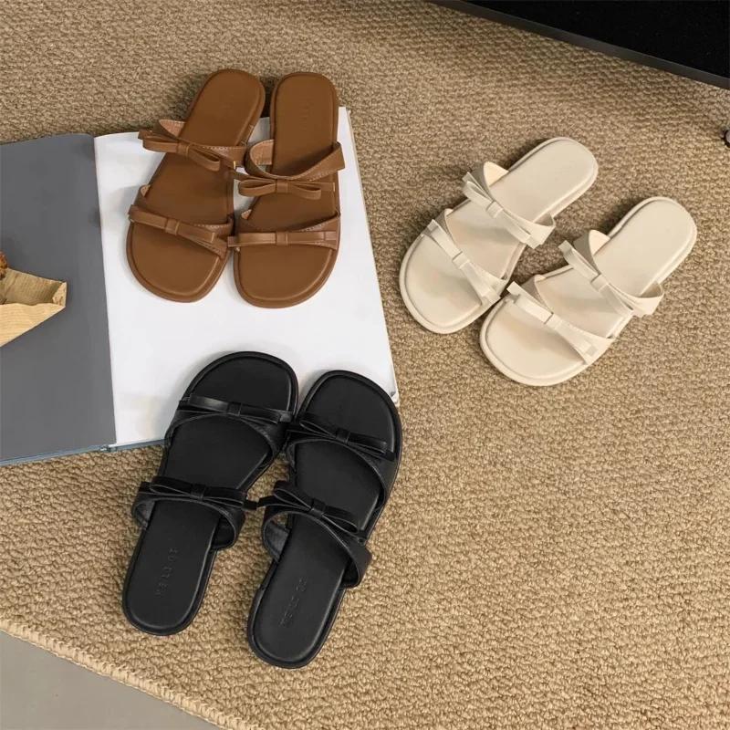 Korean Style Flat Bottom Bowknot Women's Shoes Summer New Fashion Comfort Soft Sole Beach Slippers Women Zapatos De Mujer2024