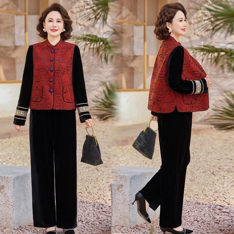 Elegant Spring/Autumn Three-Piece Tang Suit Set for Middle-Aged Women - Includes Vest, Top, and Jacket
