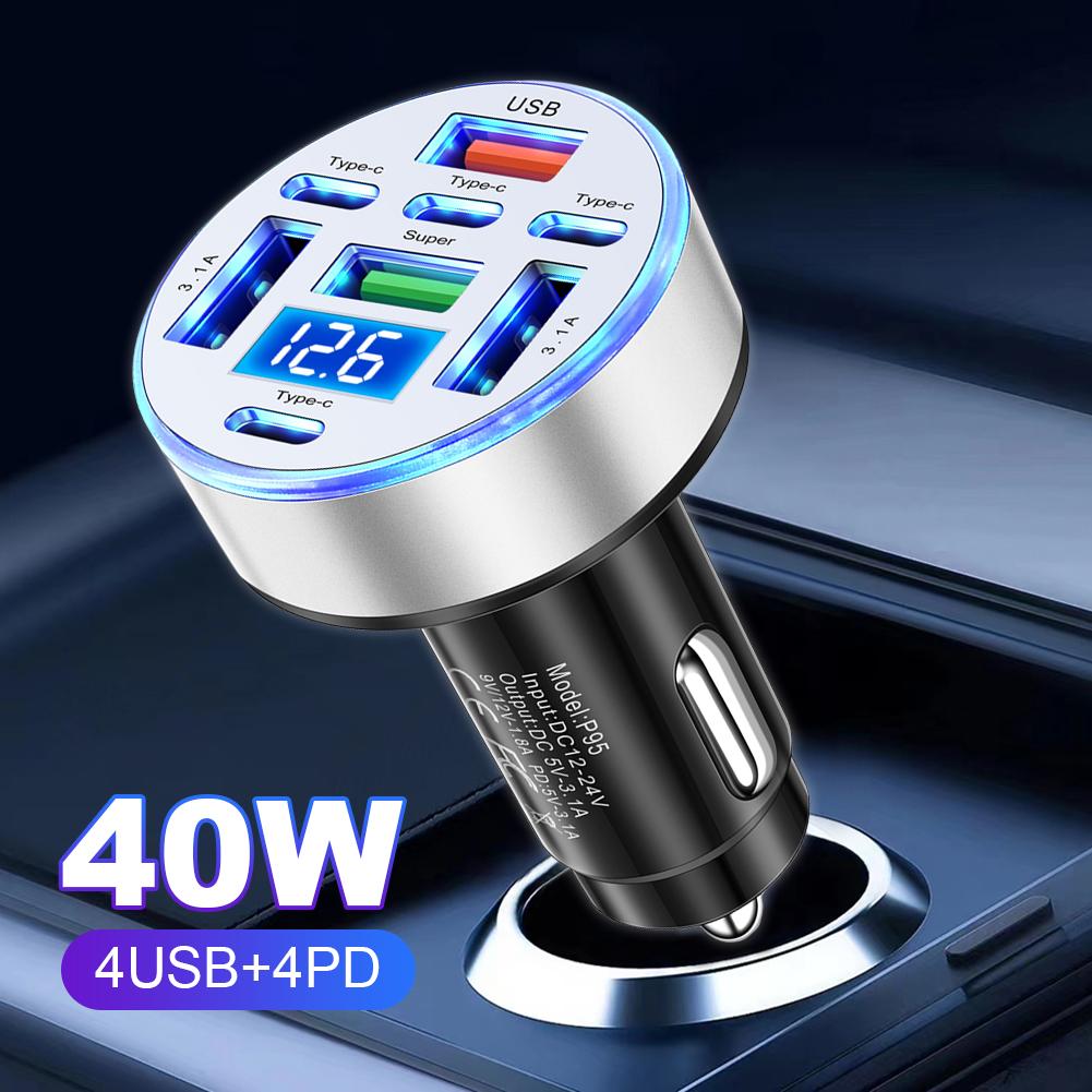 40W 8 Ports Car Charger Car Phone Charger Adapter with Voltage Display Fast Charging Charger Car Power Charger for Phone Tablet