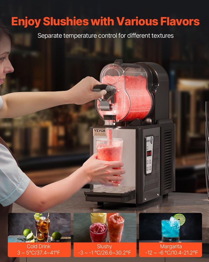 VEVOR Commercial Slushy Machine, 3L Single Tank Frozen Drink Machine, 12 Cups Stainless Steel Margarita Smoothie Frozen Drink Maker