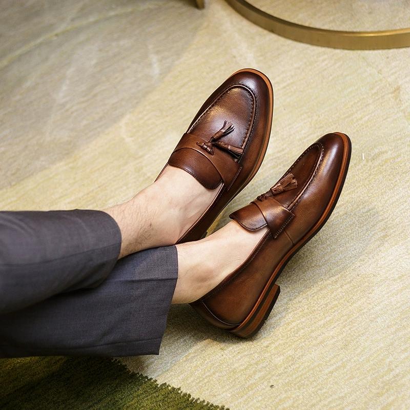 Fashion High-end Quality Retro Men's Shoes Fashion Casual Leather Shoes Head Cowhide Tassel Loafers Men Moccasins Italian Large Size 46
