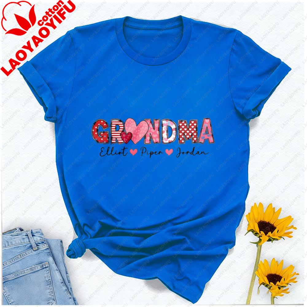 Grandma Day Cotton Shirt Customized with Grandkids Names Personalized Heart TShirt Gigi with Heart Love Tee for Granny Tops