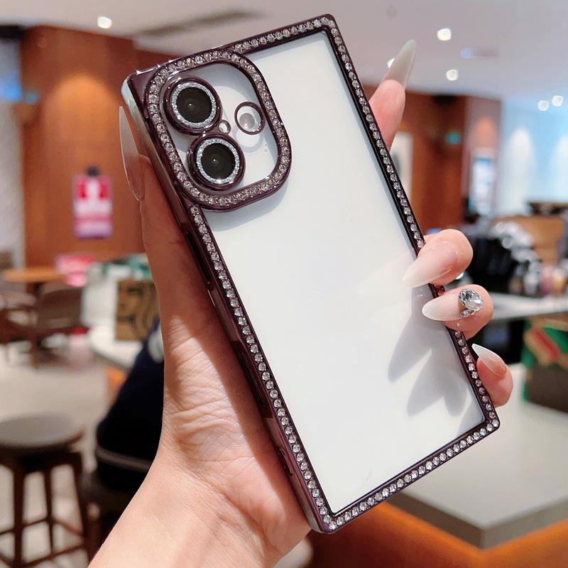 Glitter Diamond Frame Clear TPU Phone Case For iPhone 16 Pro 15 Pro Max 14 13 Transparent Shockproof Soft Bumper Cover