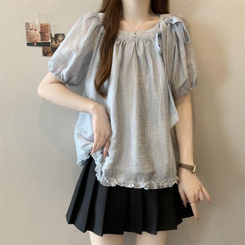 Summer Womens Fashion Solid Color Lace Short Sleeve Shirt with Tie Design Casual Top