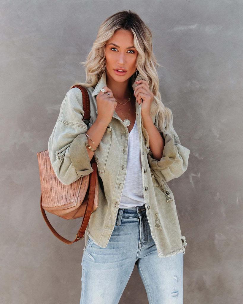 Europäischer Stil Mittellange ausgefranste Jeansjacke - Damen Herbst/Winter 2025 Langarm Lässig Revers Oberteil