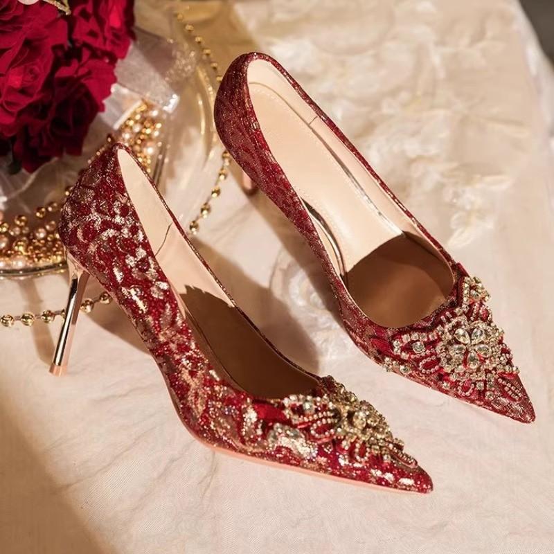 Fashion Women High Heel Shoes Elegant Fashion Pointed Tip Fine High Heels Womens Water Diamond Banquet Party Wedding Shoes Zapatos Mujer