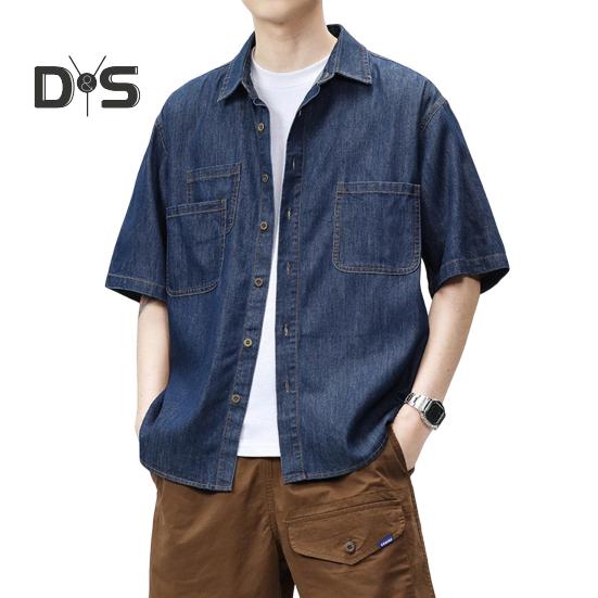 Pánská bavlněná košile s krátkým rukávem Letní zapínací košile s klopou Džínové košile s kapsami Ležérní plážové oblečení Top
