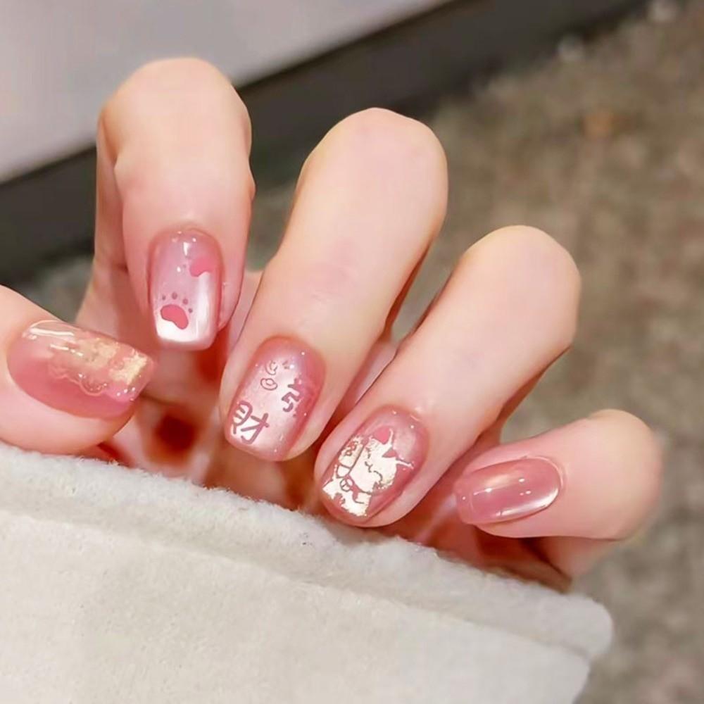 10pcs/Box Rich Short Square Head False Nails Manicure Diy Press On Nails with Gel Stickers Nail Art Reusable Fake Nails