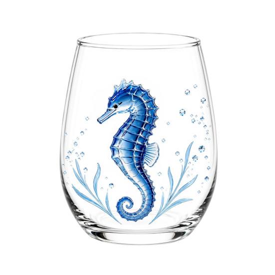 Clear Glass Cups for Party Stemless Wine Glasses with Marine Animal Pattern, 420ml Capacity, High Borosilicate Creative Gift Friends Cup, Round
