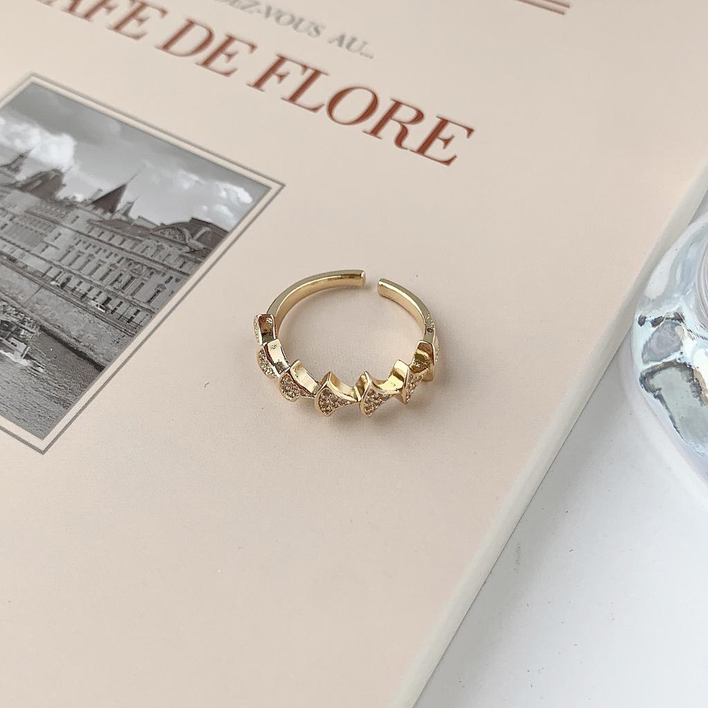 Light Luxury Diamond-Set Letter Love Fan-Shaped Geometric Ring Women'S Exquisite Versatile Temperament Girl Ring Ring