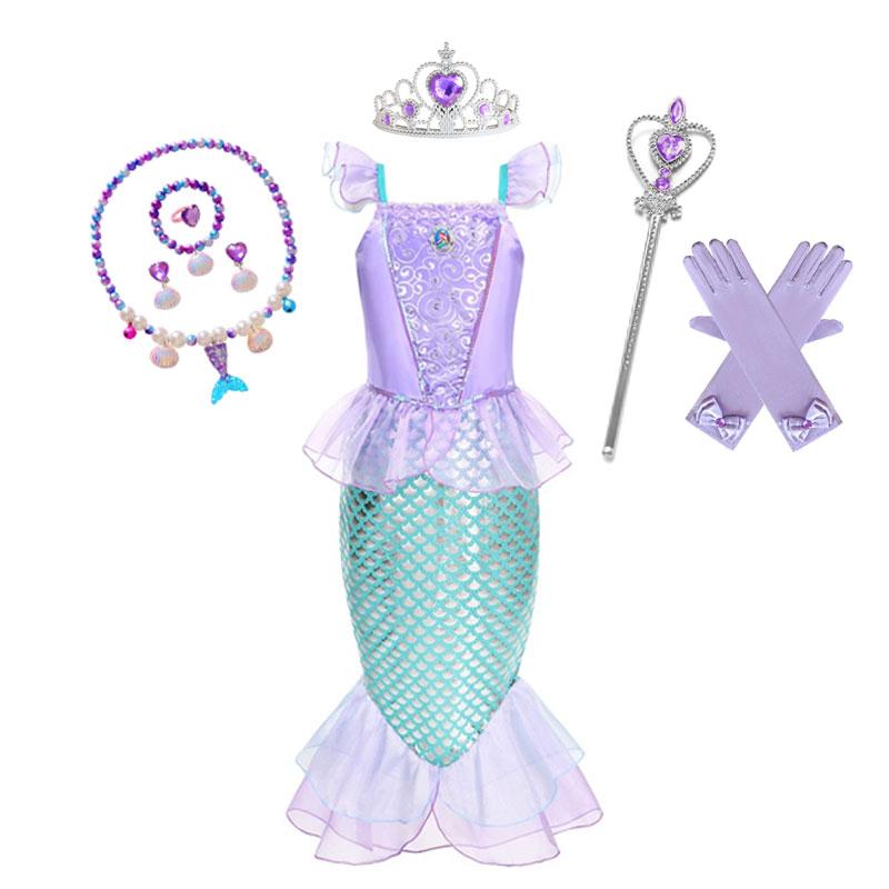 Mermaid Ariel Costume Girls Short Sleeve Fish Tail Shape Cosplay Princess Dress Halloween Carnival Birthday Party Dresses
