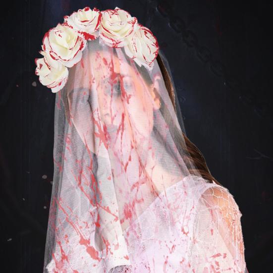 jijijing Rose Headband, Blood-Stained Veil Halloween Zombie Bride Headpiece, One-Piece Design Breathable Mesh Hair Hoop for Haunted House Cosplay