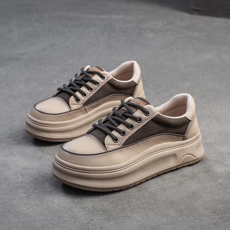 Spring Genuine Leather Platform Sneakers Women Thick Sole Wipe Color Casual Loafers Comfortable Round Toe Shoes