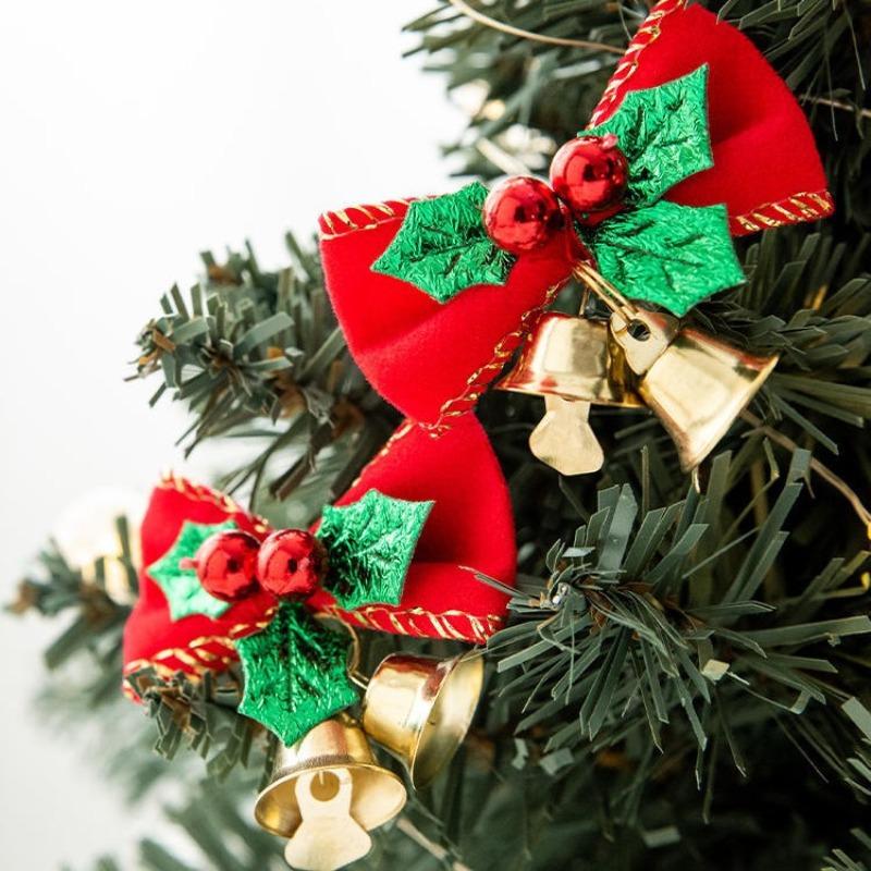 10pcs Christmas Bow With Bell Mini Xmas Tree Bowknot Pendant Ornaments For Home Decoration 2025 Navidad New Year Party DIY Gifts