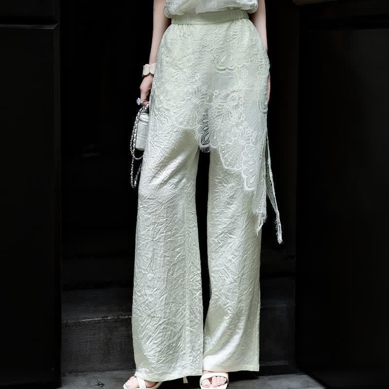 Lanseer Elegant Acetate Lace Trim Wide Leg Pants
