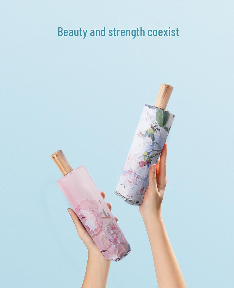 Automatic Black Glue Peony Sun & Rain Umbrella - Double-Layer Anti-UV, Oil Painting Design