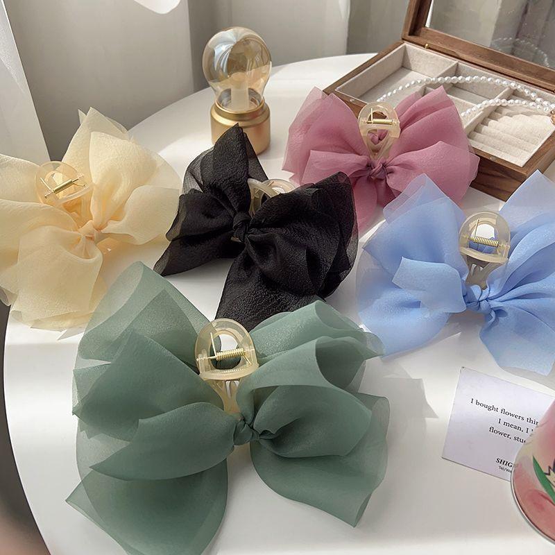 Mesh Tulle Large Bow Grab Clip Elegant Retro Female Net Yarn Ponytail Braid Claw Clip Hair Accessories Gift Headdress