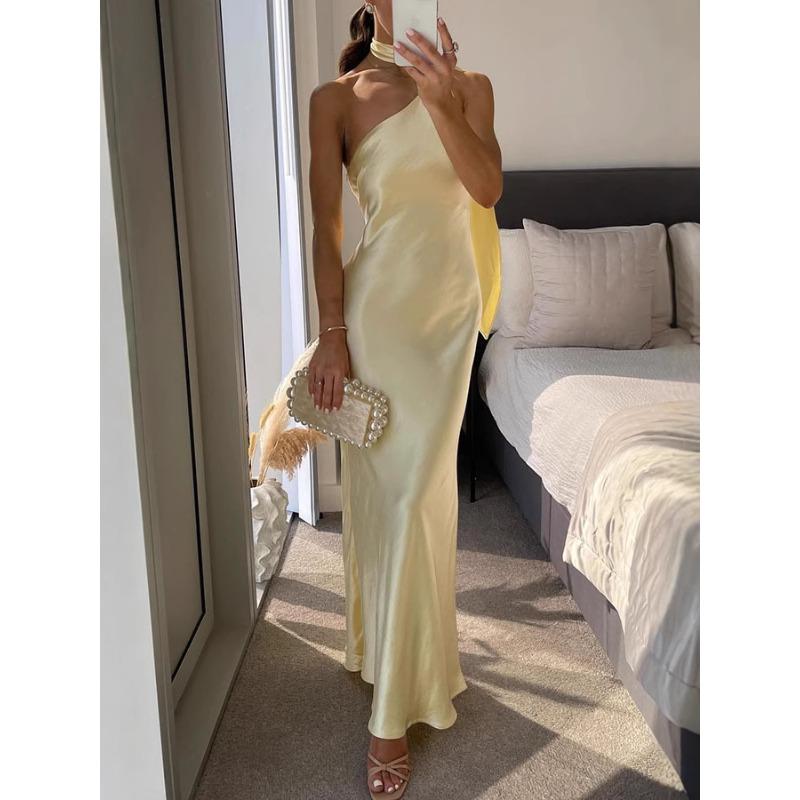 Women's Clothing Diagonal Shoulder Lace-up Sleeveless Slim-fitting Solid Color Dress Fashionable and Simple Women