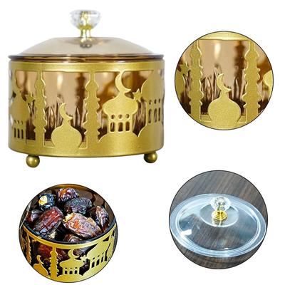 Eid Mubarak-Servierplatten mit Deckel, Metall-Ramadan-Desserttablett, Lebensmittelaufbewahrungsbox, Glasbehälter, Tischdekoration für Kekse, Süßigkeiten
