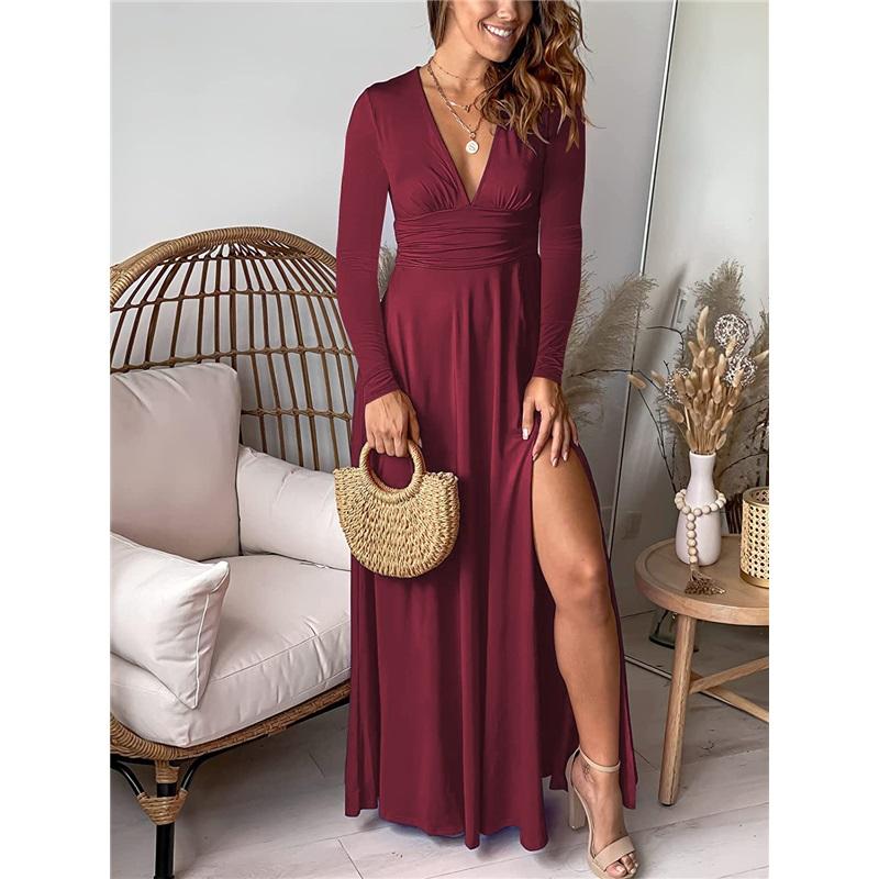 Women's Deep V-neck Long-sleeved Dress, Pleated, High-waisted Split, Club Party Evening Dress, Solid Color Long Skirt