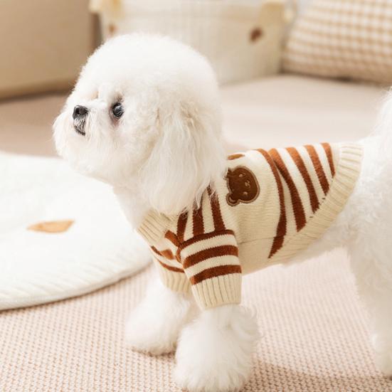 Dogs Striped Sweater Cute Bear Pattern Knitted Pullover Stretchy Warm Winter Puppy Clothes for Small Dogs Cats French Bulldog Chihuahua