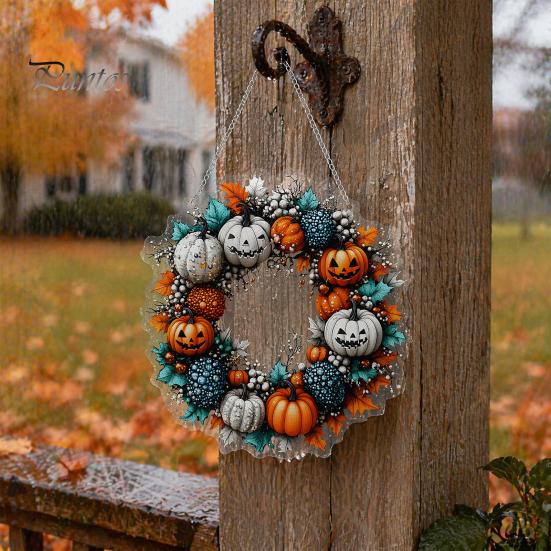 Durable Halloween Porch Decoration Pumpkin Pendant with Hanging Chain Waterproof Acrylic Welcome Front Door Sign for Window Wall Indoor Outdoor