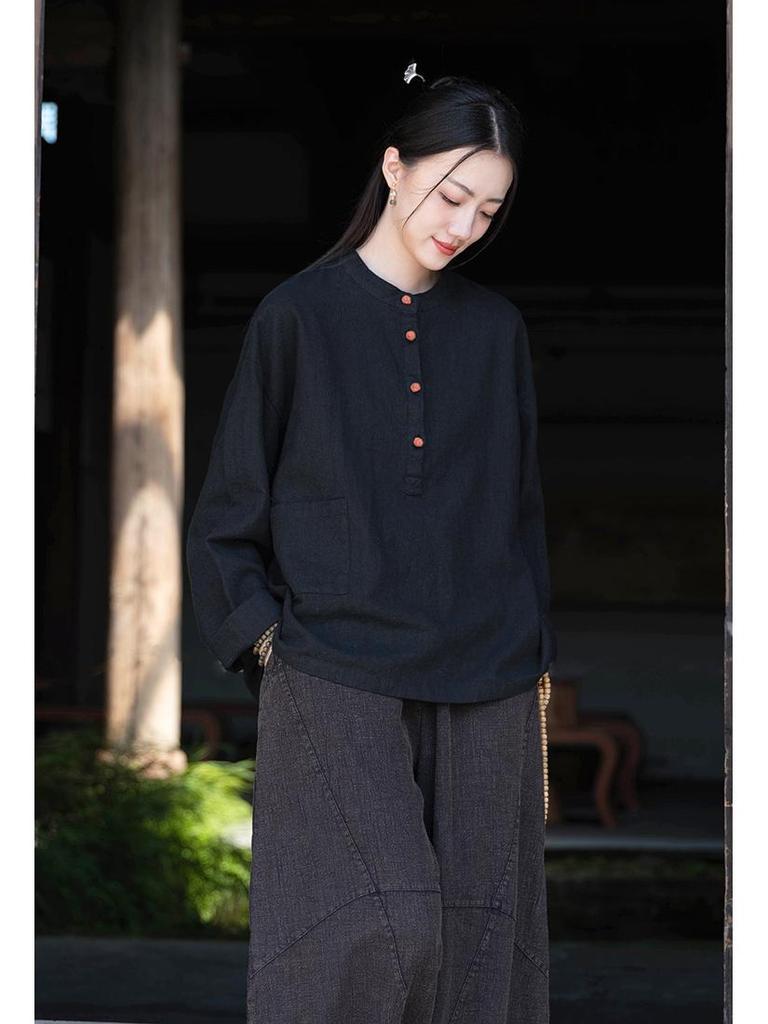 Women's Cotton Linen Zen Meditation Suit with Frog Button Shirt