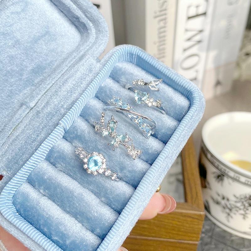 [Ice Crystal Butterfly Shadow] Sea Blue Zircon Exquisite Butterfly Opening Ring Light Luxury Niche Super Immortal Stacked Ring Woman