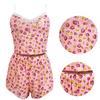 Zweiteiliges rosa Pyjama-Set mit Netzstoff-Aufdruck für Damen mit kurzen, bedruckten Crop-Tops und Shorts, lässiges Damen-Pyjama-Set