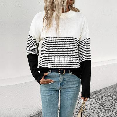 Vintage Fashion Elegant Casual Autumn and Winter Women's Striped Colorblocking Sweater