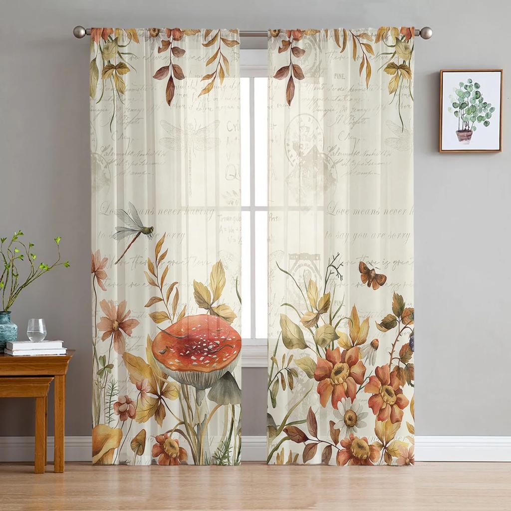 Mushroom Plant Vintage Sheer Drapes for Bedroom Living Room Decoration Window Curtain for Kitchen Curtain Panels
