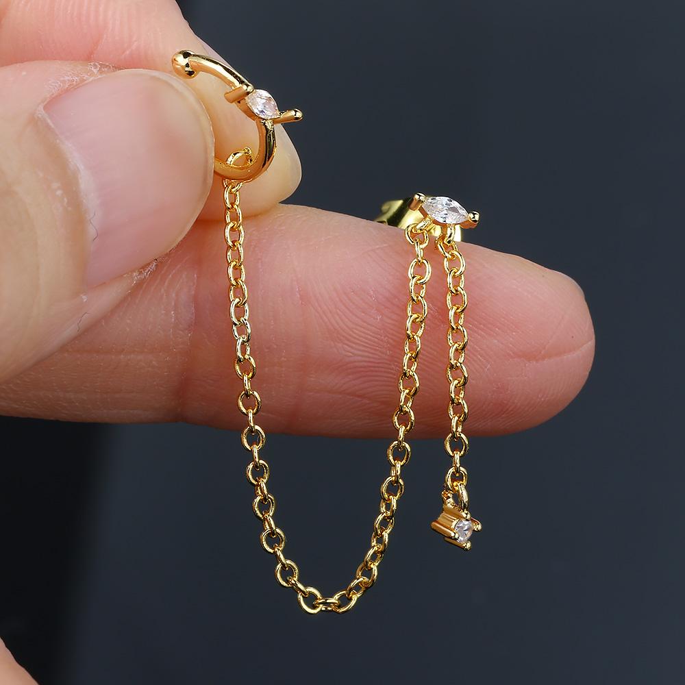 1PC Gold Color Chain Earring for Women Aesthetic Starlight Cubic Zirconia Clip Stud Piercing Cartilage Zircon Delicate Gift