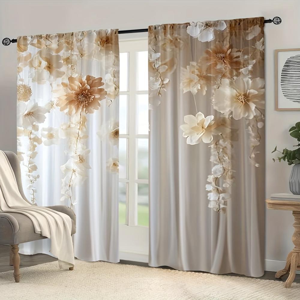 2Pcs Elegant White Rose Print Sheer Curtains With Rod Pocket – For Bedroom, Living Room & Kitchen