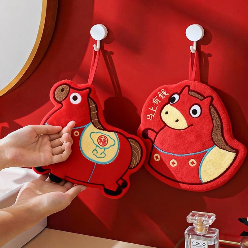 Cartoon Horse Hand Towel Coral Fleece Chinese New Year Home Kitchen Wipes Horse Thickened Hanging Absorbent Towels For Bathroom