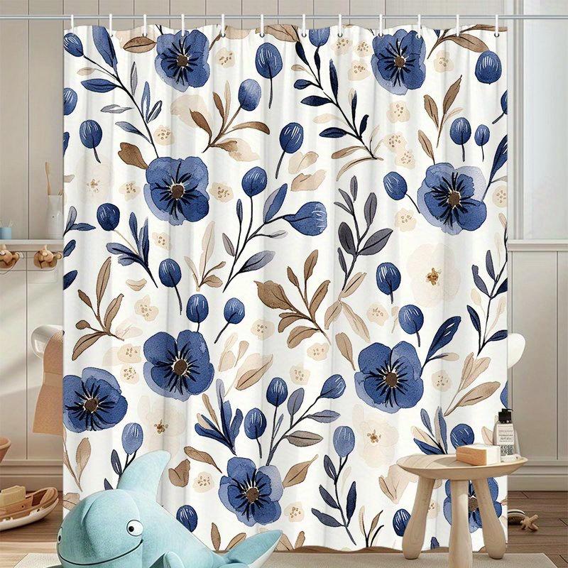1Pc Navy Blue Floral Patterned Shower Curtain, Polyester Fabric, Machine Washable, With Hooks, Suitable For Bathroom Dcor.
