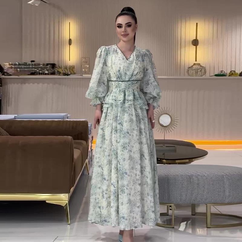 2024 Autumn Elegant High Waist Printed Spliced Two-Piece Long Dress