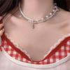 Adjustable Length Bowknot and Pearls Necklace Glass Beads Double Layer Choker Handmade Business Meeting Jewelry