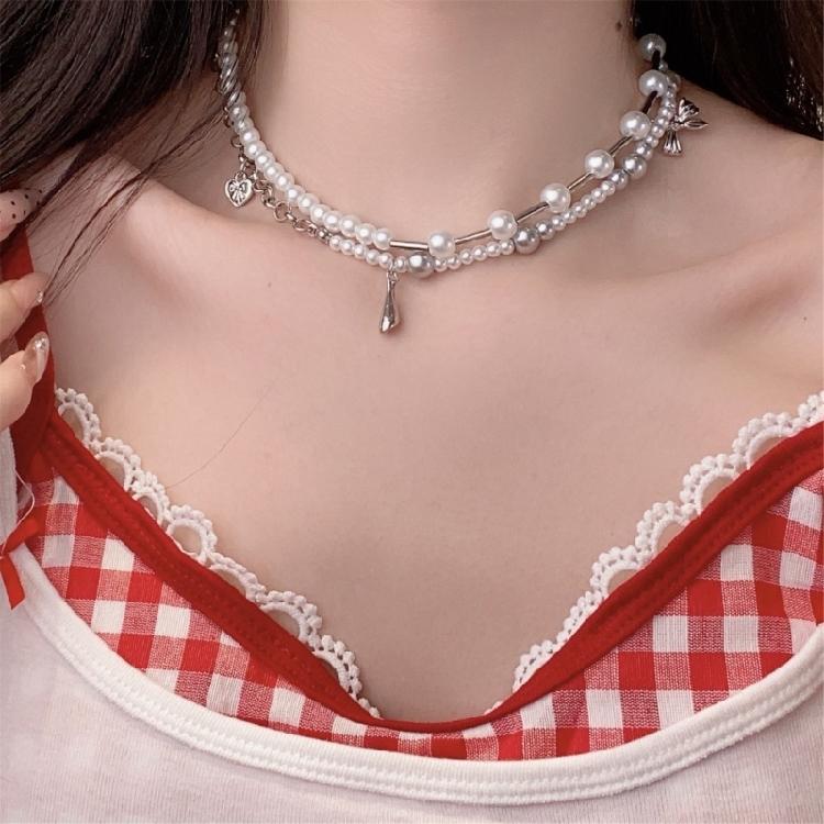 Adjustable Length Bowknot and Pearls Necklace Glass Beads Double Layer Choker Handmade Business Meeting Jewelry