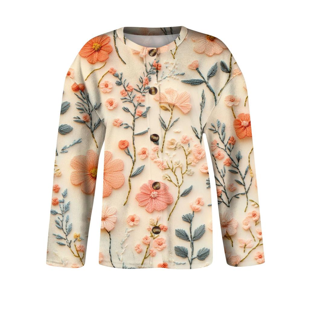 Damen Casual Fashion Retro Blumendruck Langarm Top Strickjacke Knopfjacke