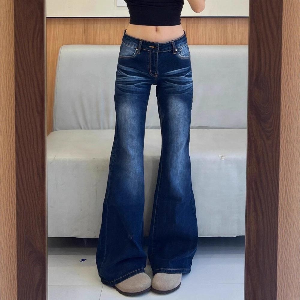 Plus Size Retro American High Waist Micro Flare Jeans for Women - Spring/Autumn Loose Slimming Straight Wide Leg Floor-Length Pants