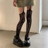 Kave Floral Pattern Coffee Fishnet Stockings With Suspender Women Sexy Brown Hollow Out Mesh Thigh High Socks Lolita Long Socks