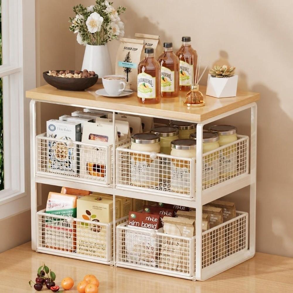 Multi-Layer Metal Storage Rack Solid Wood Countertop Storage Rack Kitchen Countertop