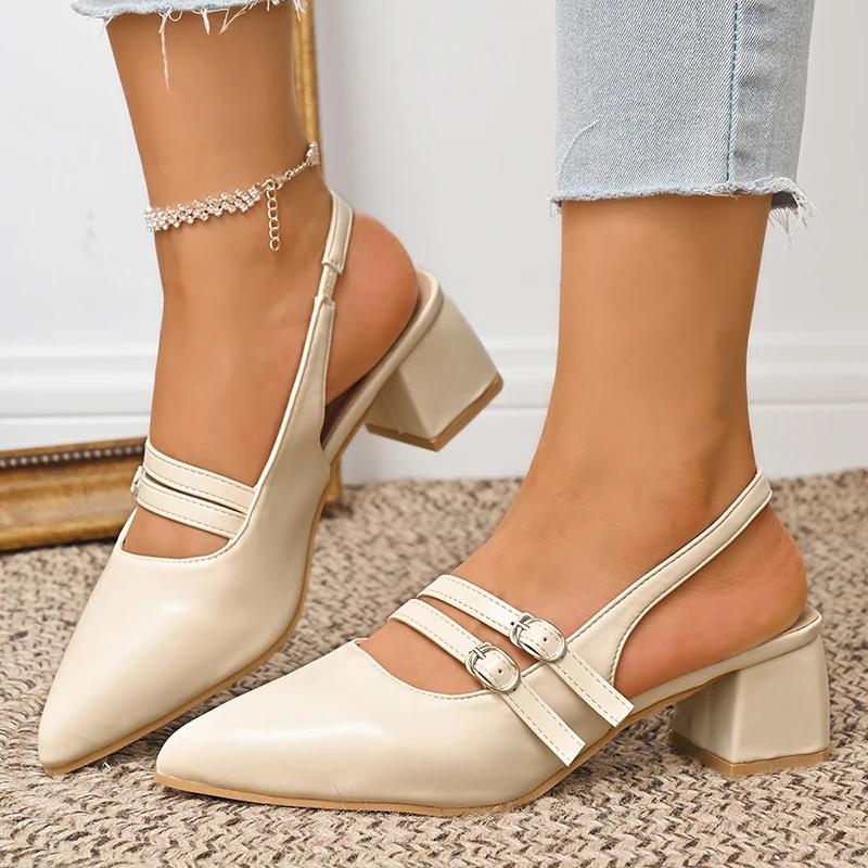 Pointed Toe Chunky Heel Sandals for Women Summer 2025 Double Buckle Strap Thick Heeled Pumps Mujer Dress Shoes Zapatos De Mujer